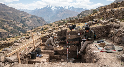 Excavación arqueológica y corte estratigráfico en los Andes del Perú