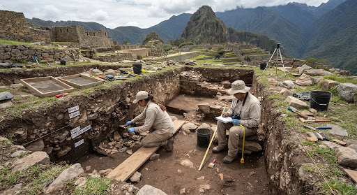 Excavación arqueológica con andenes y montañas al fondo