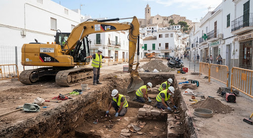 Excavación arqueológica urbana con maquinaria